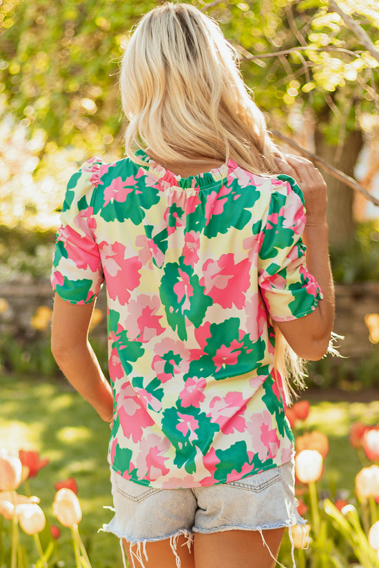 Stampa astratta verde Frilly Neck Blose a manica corta arricciata