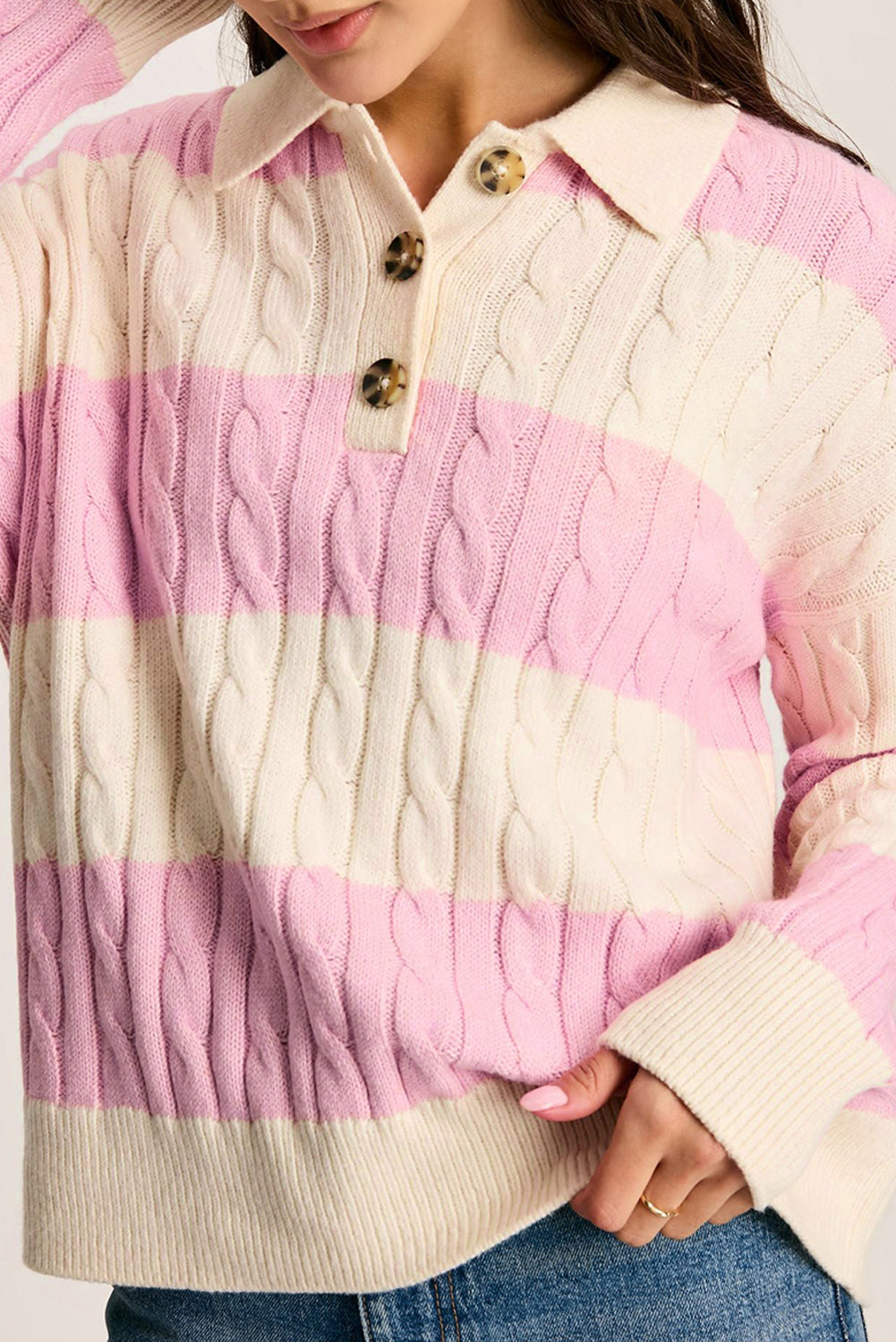 Suéter Henley de collar con cuello de cable rosa