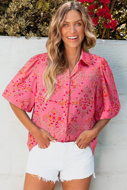Stampa floreale rosso rosa a manica corta camicia sciolta