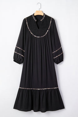 Vestido midi ribete de leopardo en contraste cuello dividido manga larga informal negro
