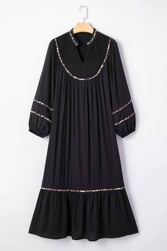 Robe midi bordure léopard contrastée col fendu manches longues décontracté noir