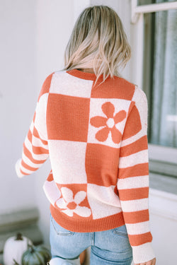 Maglione a strisce floreali a scacchi marrone