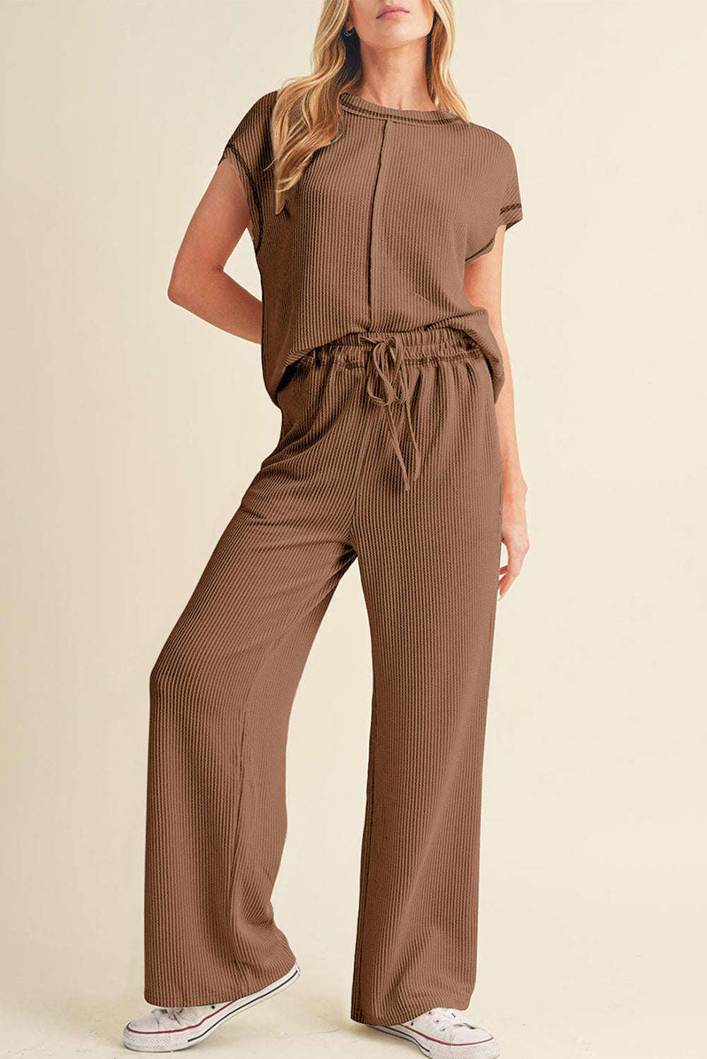 Azul marino azul sólido sólido tapa de manga corta y pantalones casuales set