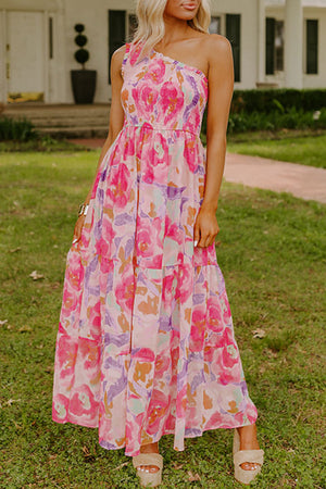 Pink Abstract Floral Stampa shirted One Sple Maxi Dress