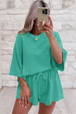 Meadow Mist Green Solid Sole Lo suelto V Neck Media manga y pantalones pantalones cortos