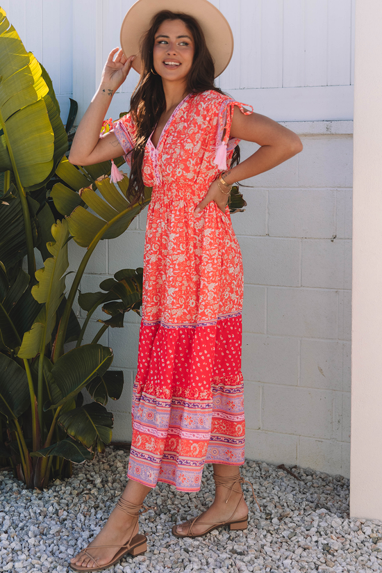 Stampa floreale rossa Nappina con la manica legata in vita Maxi Dress