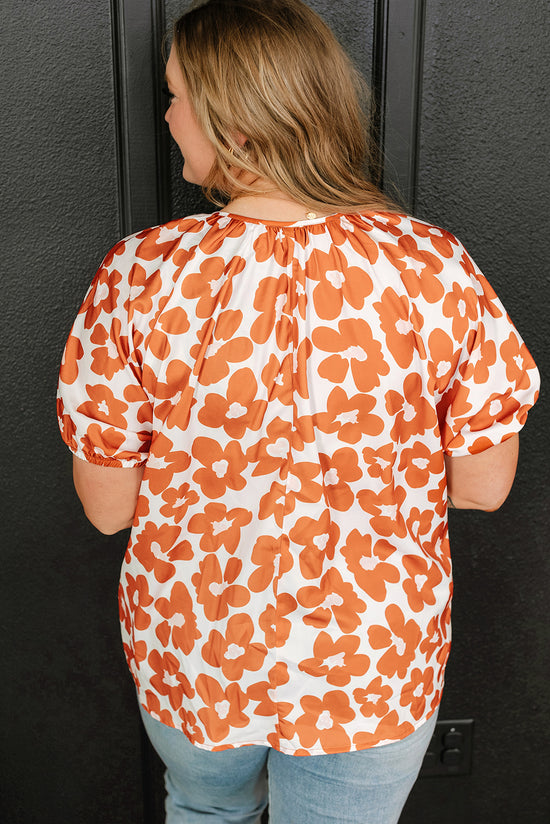 Blusa de manga corta con cuello con estampado floral de estampado floral de talla de talla grande