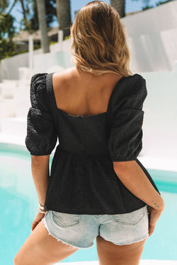 Camicetta di peplo manica a soffio quadra nero testuzzato