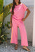 Bonbon Color Contrast Crewneck T Shirt and Wide Leg High Waist Pants Set