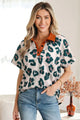 Casual Unique Leopard Print Button Contrast Collared Short Sleeve Blouse