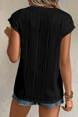 Black Wavy Textured Button V Neck Tee
