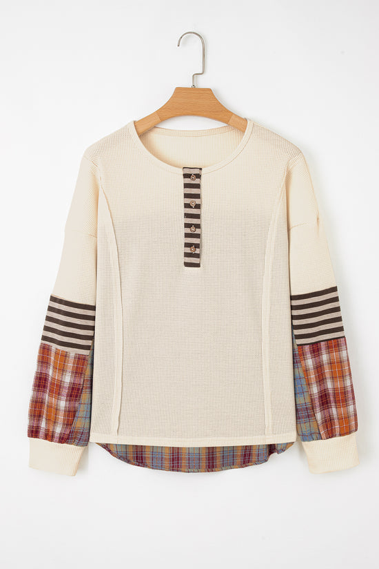 Bege waffle listra manta de retalhos henley knit top