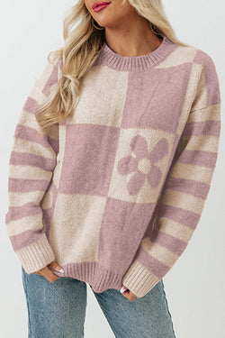 Maglione a strisce floreali a scacchi marrone