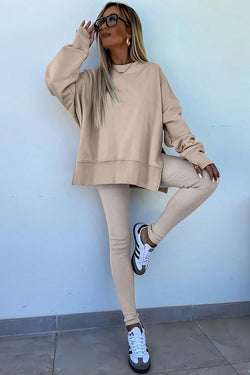 Jet Stream Solid Color Oversize Slit Sweatshirt Ribbed Leggings 2pcs Set