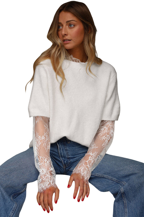 Significa per patchwork a manica in pizzo beige finto maglione fuzzy