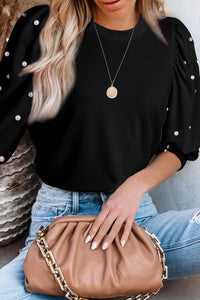 Black Rhinestone Pearl Puff Halve Manga Top