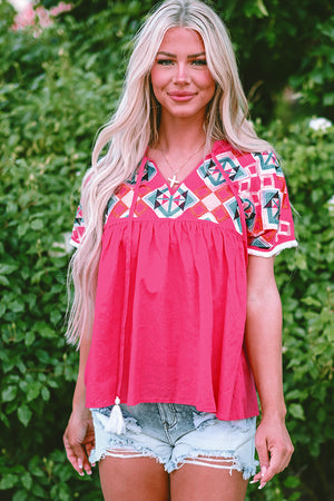 Strawberry rosa geométrica bordada bordada veta v blusa para el cuello