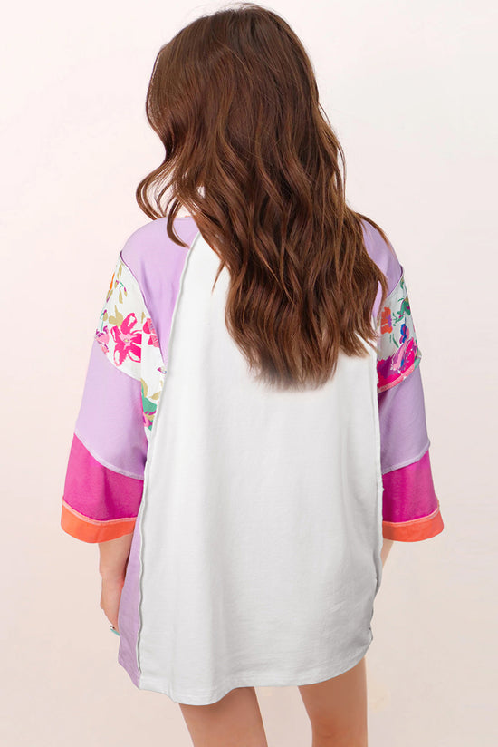 Blusa casual a blocchi di colore floreale rosa rosa