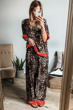 Brown Animal Print Color Contrast Edge Loose Fit Pants Set