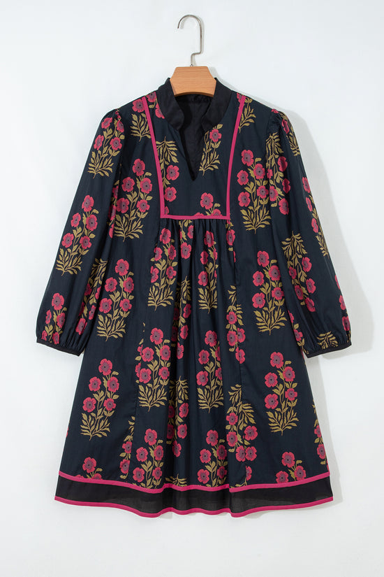Robe babydoll noire à imprimé floral et col cranté avec bordure passepoilée et manches bracelet