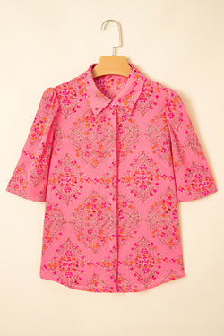 Stampa floreale rosso rosa a manica corta camicia sciolta