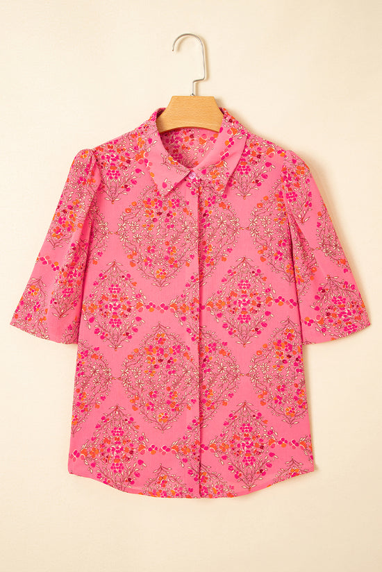 Stampa floreale rosso rosa a manica corta camicia sciolta