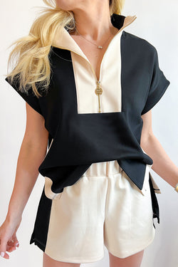 Camisa con cuello con collar con soporte con cremallera negra y juego corto