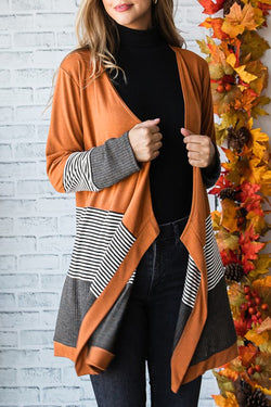 Orange Colorblock Striped Patchwork Open Cardigan