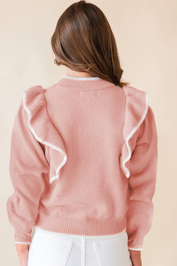 Maglione a maniche lunghe a costola a bowknot rosa rosa chiaro