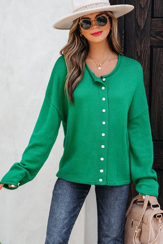 Pulsante a maglia a maglia a maglia con maglia ridotta verde brillante cardigan