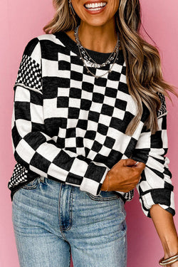 Maglione a scaccole a scacchi grigio a scacchi con spalla rotonda