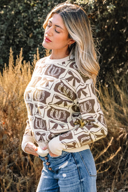 Brown Bows & Horseshoes Pattern Sweater Western Fashion