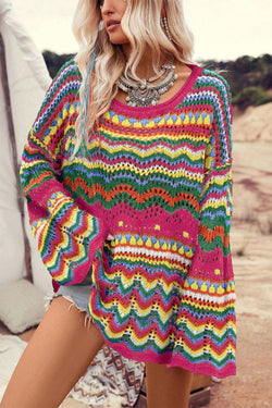 Maglione a manicotto sciolto a strisce color blocco rosso rosa