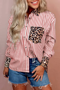 Camicia da donna con bottoni patchwork e stampa leopardata a righe rosse da corsa