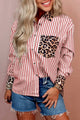 Racing Red Striped Leopard Print Patchwork Button Up Womens Shirt