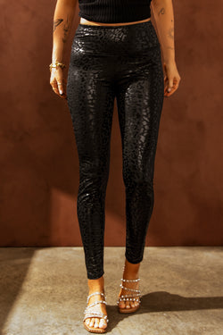 Leggings con textura de leopardo negro brillante