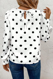 White Polka Dot Print Round Neck Frilled Long Sleeve Blouse