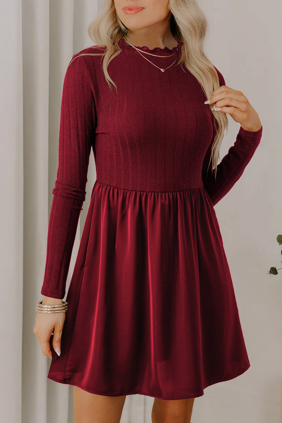 Black Frilled Neck Ribbed Knit Patchwork Long Sleeve Mini Dress