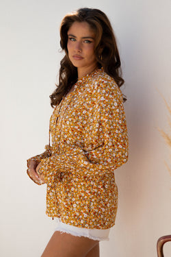 Chemisier d'automne orange à manches bouffantes et à volants floraux style Boho, col en V