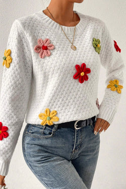 Applique de flor colorida branca suéter de malha texturizada