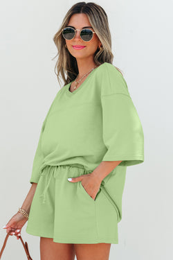 Meadow Mist Green Solid Sole Lo suelto V Neck Media manga y pantalones pantalones cortos
