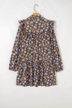 Brown Floral Print Ruffled Detail Shirt Collar Button Down Long Sleeve Dress