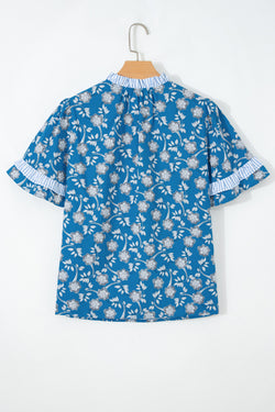 Blue Floral Print Button Tie Neck Striped Detail Short Sleeve Blouse