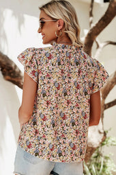 Boho Boho Floral Botón con botón Collo Ruffo de manga corta Blusa