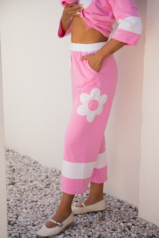 Orchid Bouquet Big Flower Patched Raw Seam Color Block 2 Piece Loose Pant Set