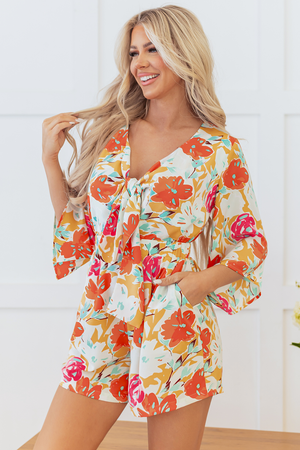Romper de corbata delantera de estampado floral de color naranja
