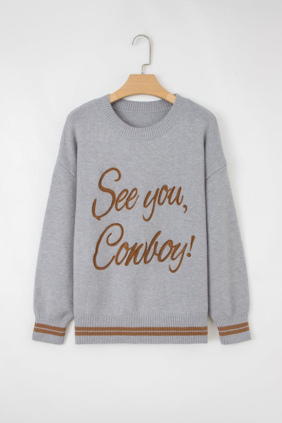 Grigio chiaro ci vediamo cowboy ricamato maglione grafico occidentale