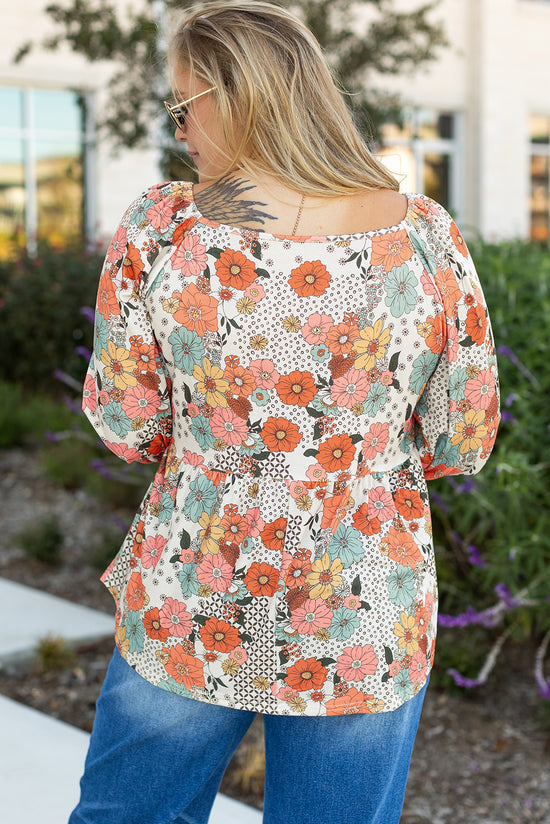 Blusa de peplum de cuello cuadrado de estampado de flores de talla grande de talla grande