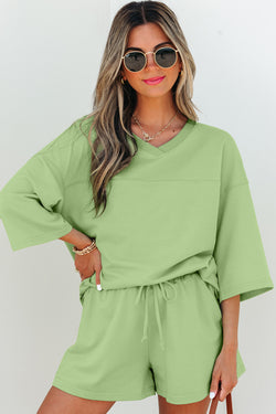Meadow Mist Green Solid Sole Lo suelto V Neck Media manga y pantalones pantalones cortos