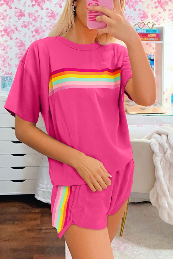 Beige Vibrant Striped Detail Athleisure 2pcs Short Set
